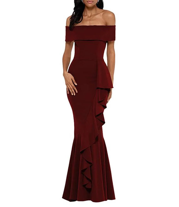 Beautful Off Shoulder Fit and Flare Long Formal Dress with Side Ruffle