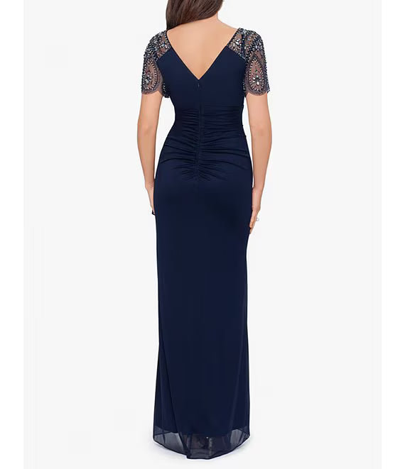 Short Beaded Sheer Flutter Sleeve Cascading Draped Waist V-Neck Beaded Long Formal Dress