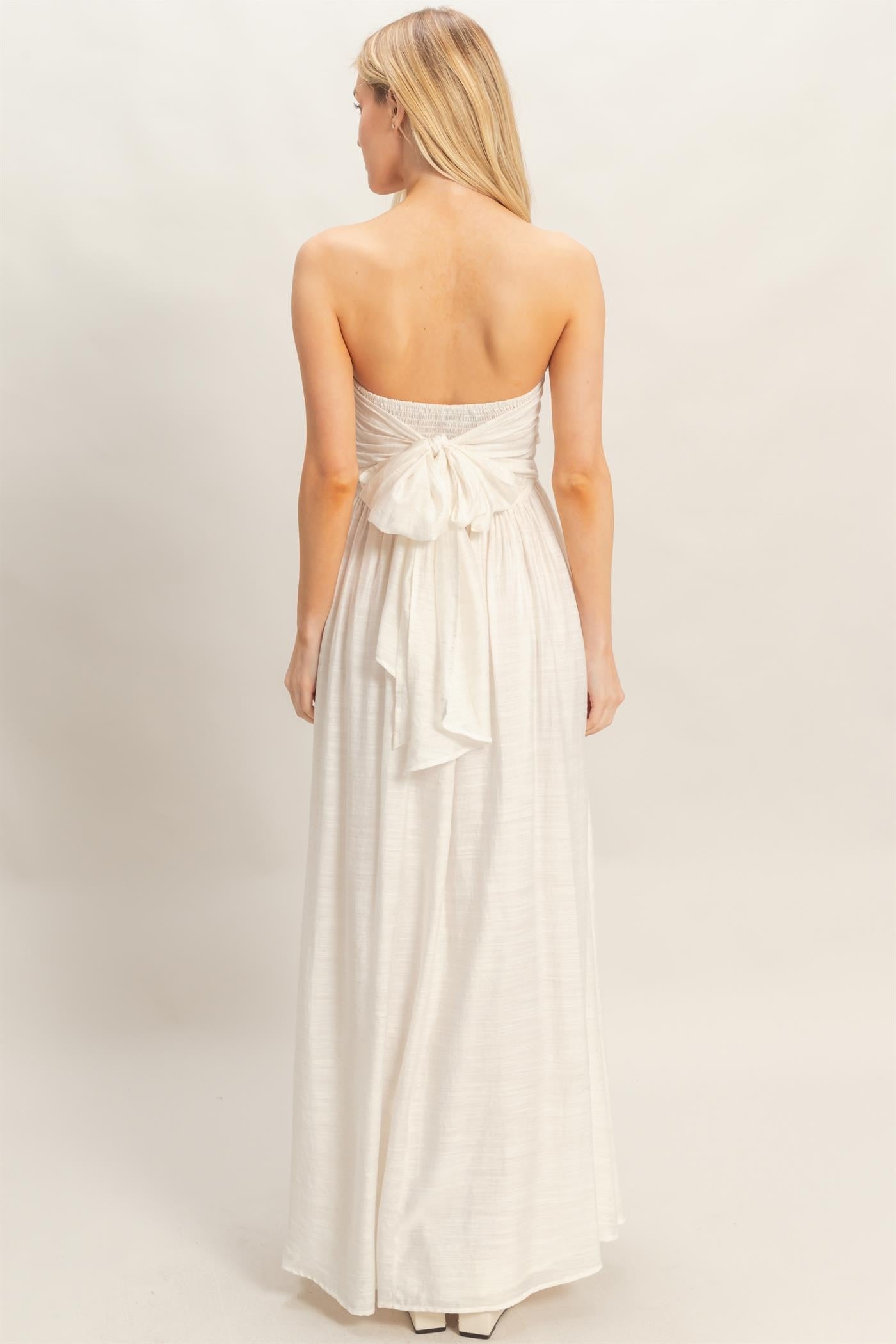 Strapless Fit and Flare Maxi Dress with Tie Back Bow