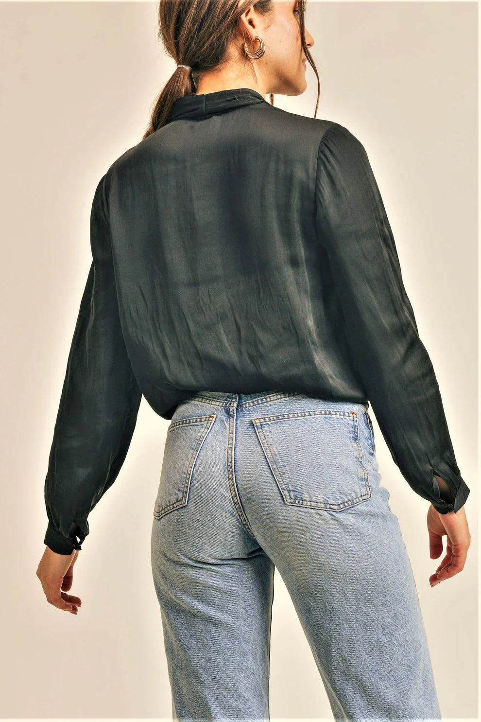 Long Sleeve V Neck Top with Smocked Hem and Tie Detail