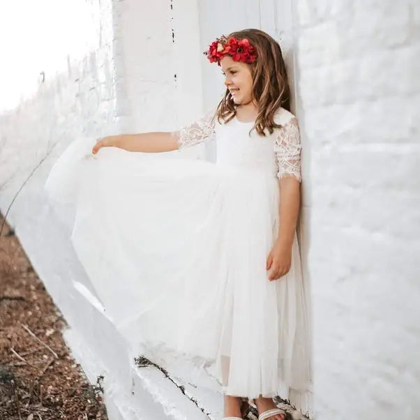 Girl Long Formal Dress with Tulle Skirt, 3/4 Lace Sleeve and Bodice