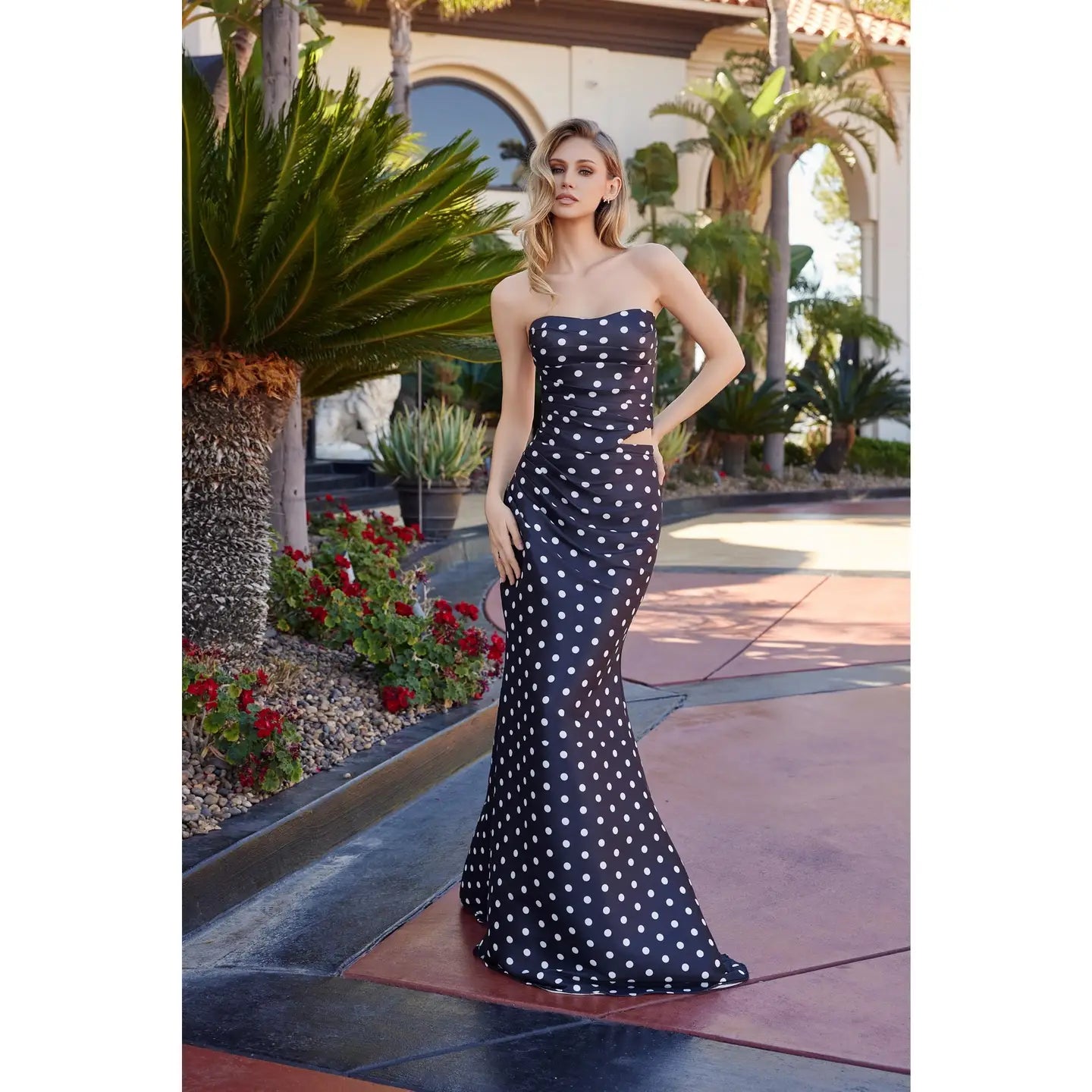 Strapless Two Piece Polk a Dot Long Formal Trumpet Dress with Corset Back