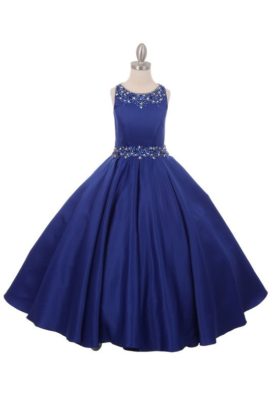 Scoop Neckline Bodice with Pleated Satin Skirt Long Formal Dress