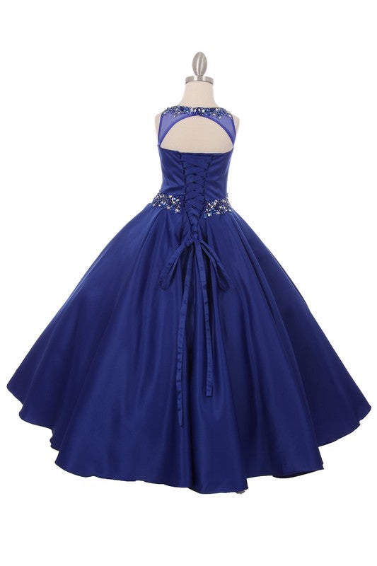 Scoop Neckline Bodice with Pleated Satin Skirt Long Formal Dress