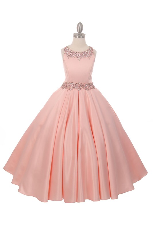 Scoop Neckline Bodice with Pleated Satin Skirt Long Formal Dress