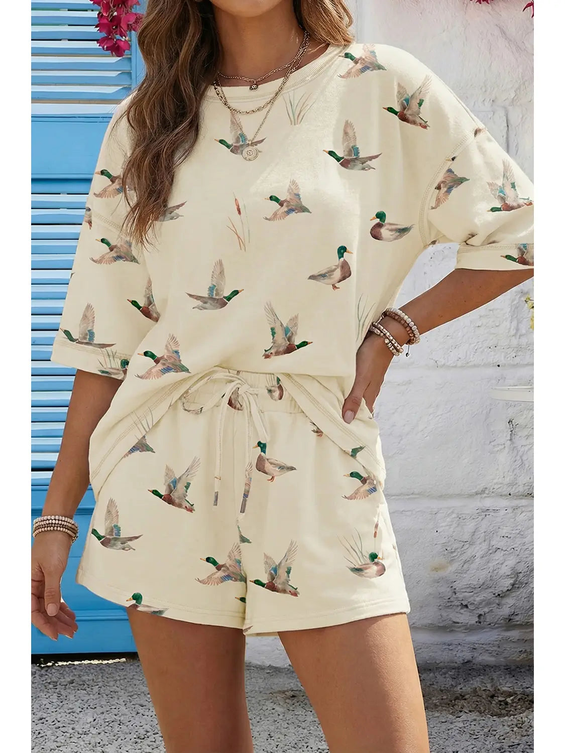 2 Piece Mallard Duck Print Oversized Tee with Matching Drawstring Shorts