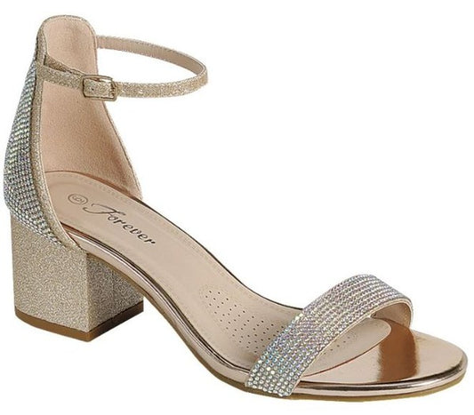 Low Chunky Heel with Rhinestone Open Toe and Ankle Strap