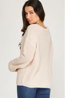 Long Cuff Sleeve V Neck Knit Sweater Top