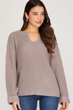 Long Cuff Sleeve V Neck Knit Sweater Top