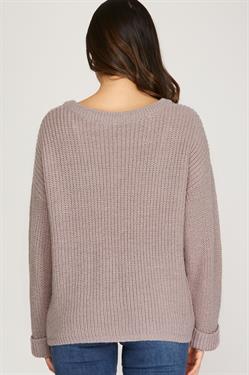 Long Cuff Sleeve V Neck Knit Sweater Top