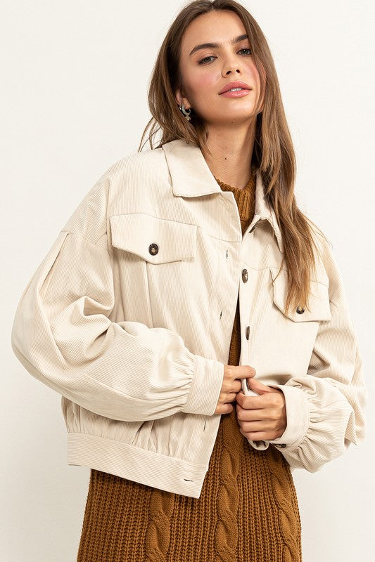Effortless Effect Long Sleeve Drop Shoulder Corduroy Jack with Button Down Closure