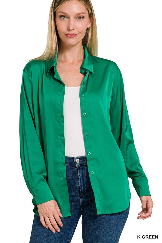 Long Sleeve Charmeuse Button Front Blouse with Collar