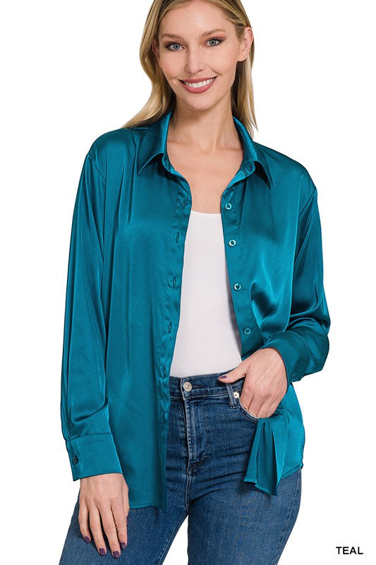Long Sleeve Charmeuse Button Front Blouse with Collar