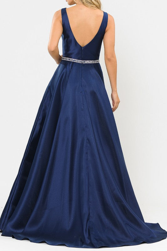 Sleeveless Fit and Flare Long Formal Dress with Rhinestone Belt and Pockets