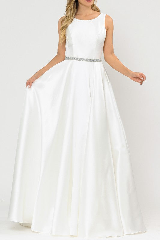 Sleeveless Fit and Flare Long Formal Dress with Rhinestone Belt and Pockets