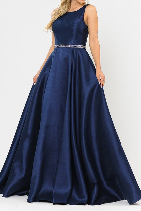 Sleeveless Fit and Flare Long Formal Dress with Rhinestone Belt and Pockets