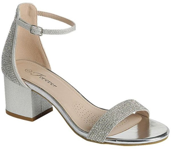 Low Chunky Heel with Rhinestone Open Toe and Ankle Strap