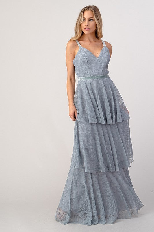 Sleeveless Ruffled Layer Long Formal Lace Dress