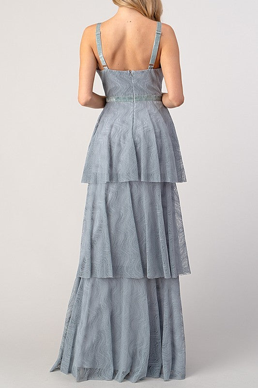 Sleeveless Ruffled Layer Long Formal Lace Dress