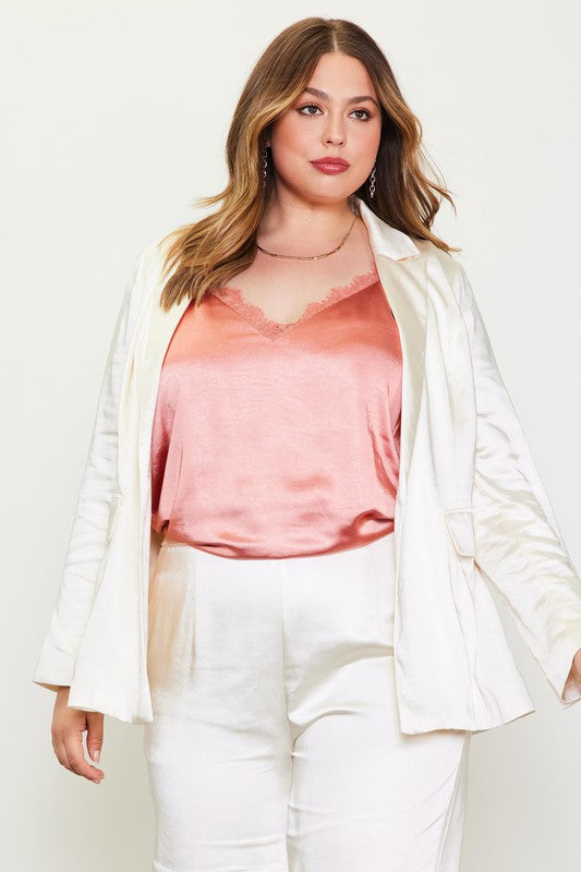 Curvy Long Sleeve Button Closure Dull Satin Blazer