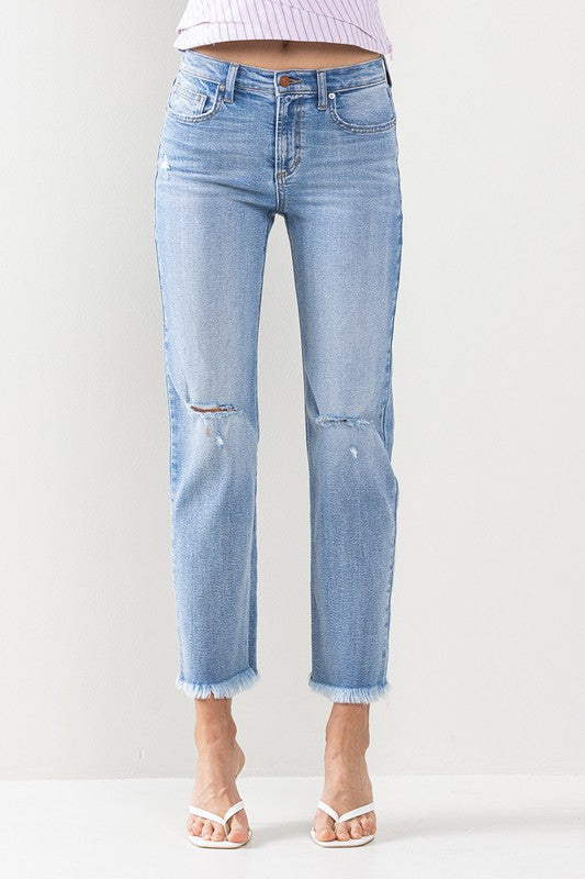 Mid Rise Slim Straight Jeans with Frayed Hem
