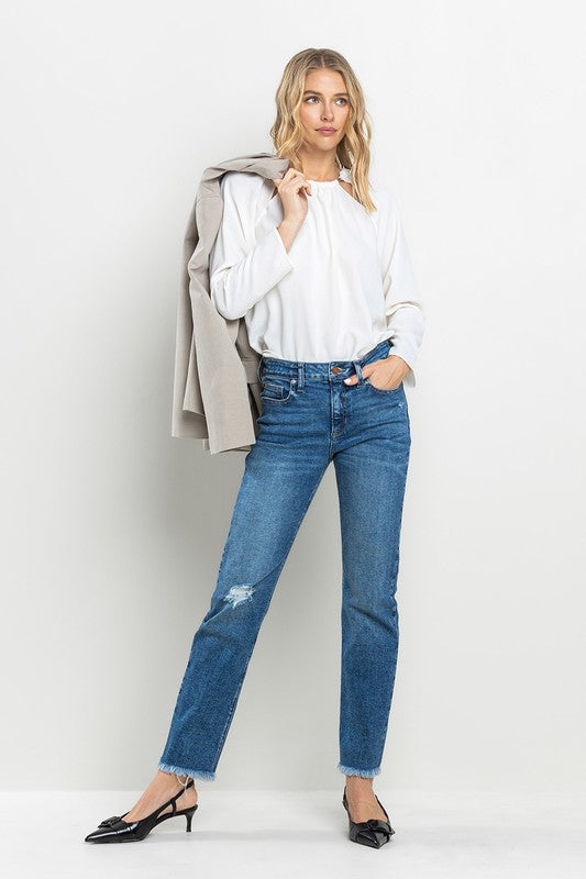 Mid Rise Slim Straight Jeans with Frayed Hem