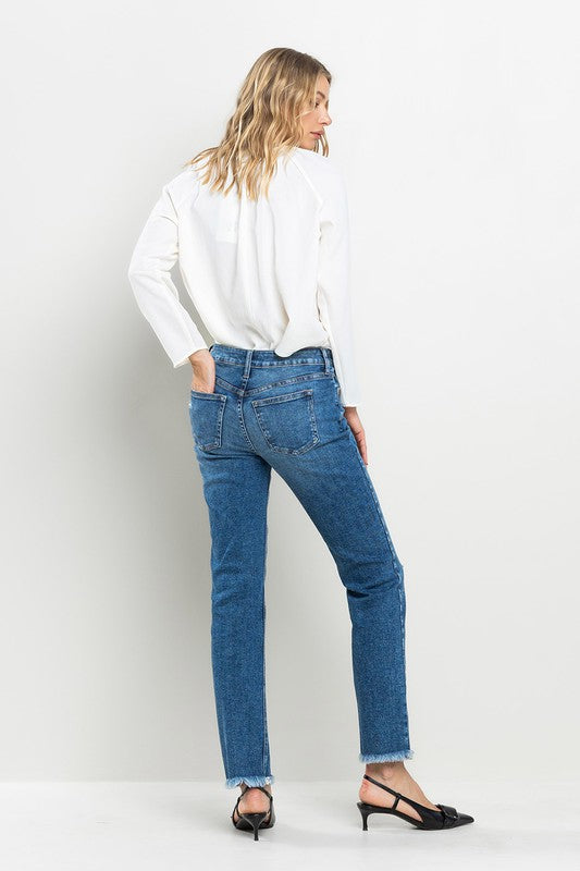 Mid Rise Slim Straight Jeans with Frayed Hem