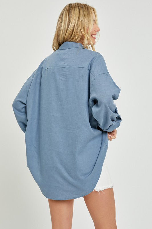 Curvy Long Sleeve Button Down Boyfriend Linen Shirt