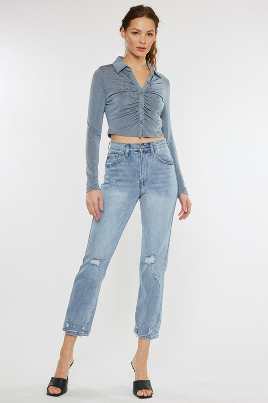 Medium Stone Washed High Rise Slim Straight Jeans with Light Distress
