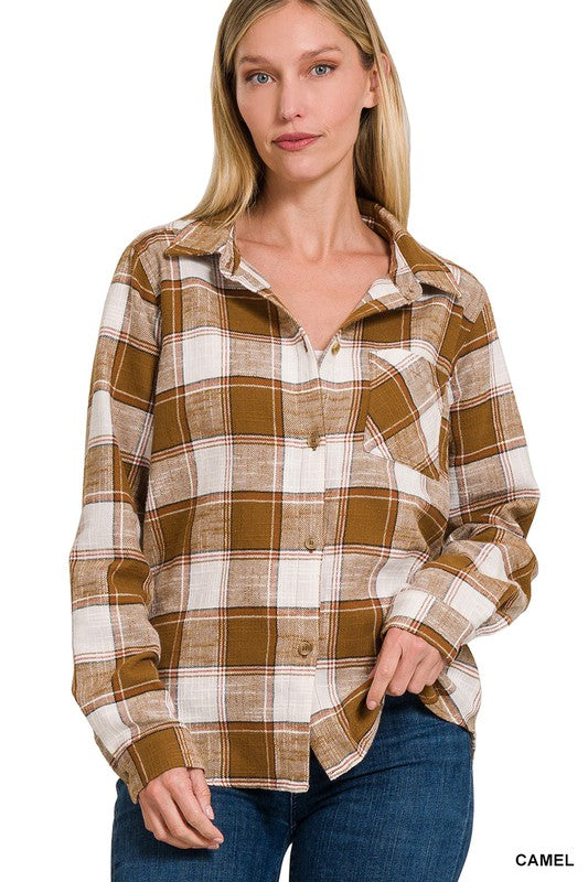 Long Sleeve Cotton Plaid Shacket with Front Pockets and Button Closure