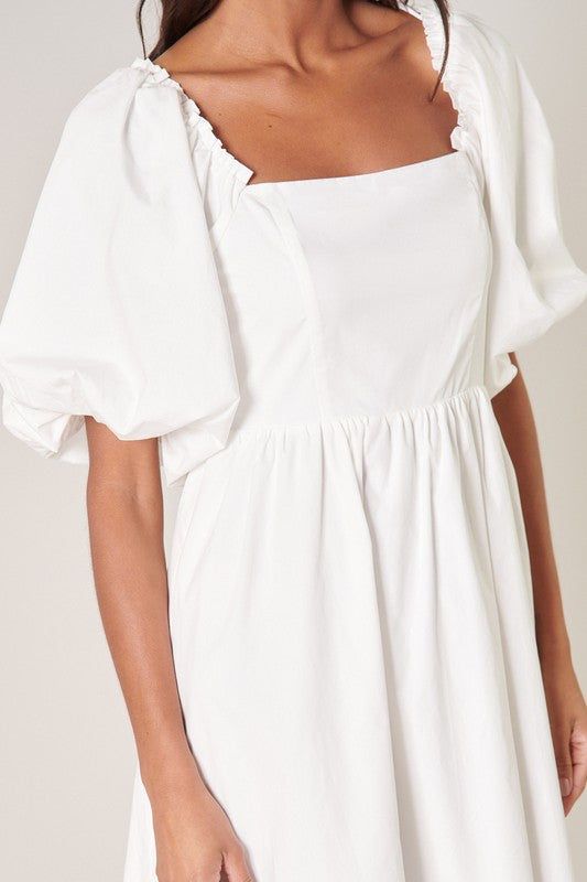 Marion Balloon Sleeve with Smocked and Tie Back Detail Poplin Babydoll Mini Dress