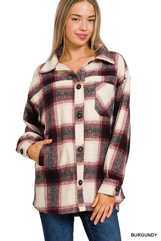 Long Sleeve Boyfriend Yarn Dyed Plaid Shacket with Pockets and Button Front Closure