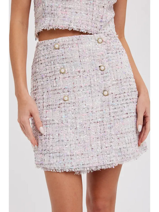 Raw Edge Hem Tweed Mini Skirt with Pearl Button Accent