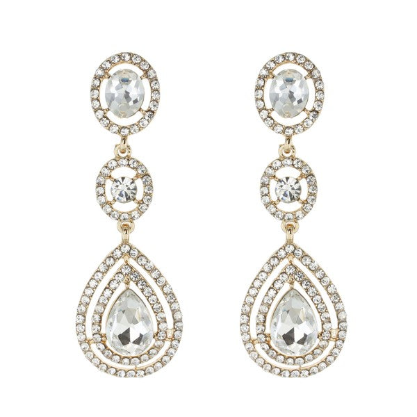 3-TIER RHINESTONE PAVE HALO TEARDROP-CUT CRYSTAL POST EARRINGS