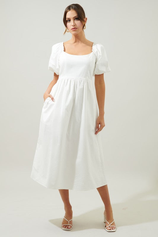 Short Balloon Sleeve Smocked Back Square Neckline Babydoll Midi Dress