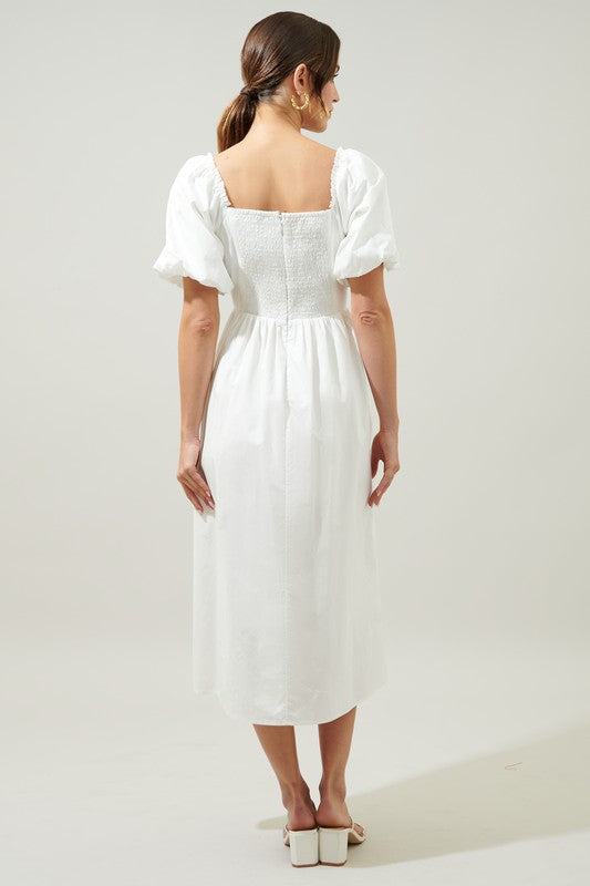 Short Balloon Sleeve Smocked Back Square Neckline Babydoll Midi Dress