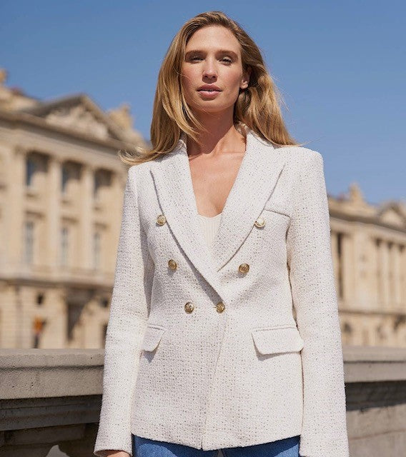 Stunning Tweed Blazer with Gold Buttons and Faux Pockets and Single Button Closure