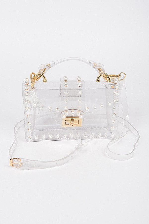 Transparent Single Handle Clutch with Faux Pearl
