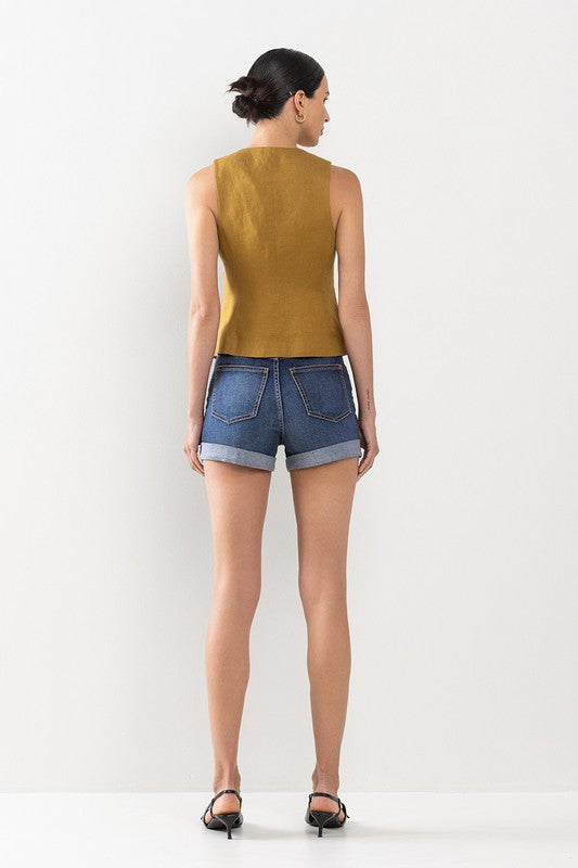 High Rise Denim Shorts with Roll Hem