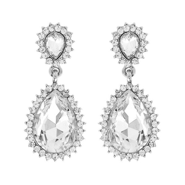2-TIER CRYSTAL RHINESTONE TEARDROP HALO DANGLE AND DROP EARRINGS