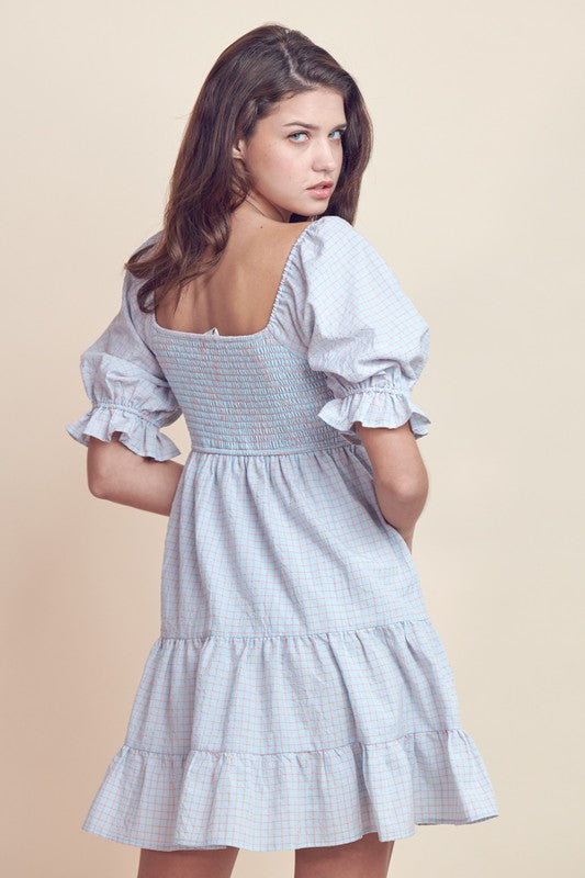 3/4 Bubble Sleeve Tiered Mini Dress