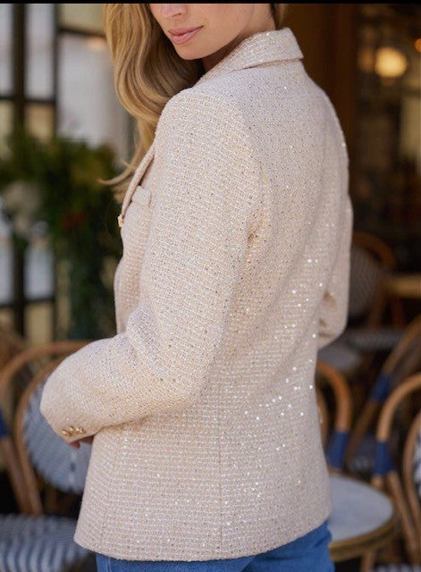 Stunning Tweed Blazer with Gold Buttons and Faux Pockets and Single Button Closure