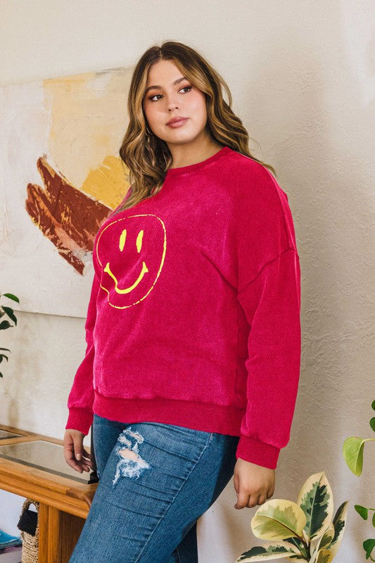 Knit Washed Pullover Featuring Round Neck with Ribbed Band Smiley Face Print Long Sleeve and Oversized Fit Sweatshirt
