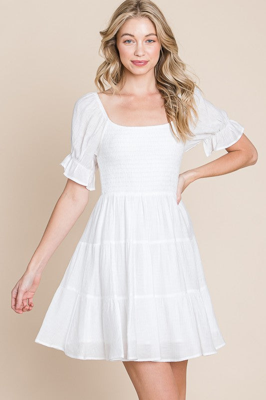 Short Puff Sleeve Woven MIni Dress