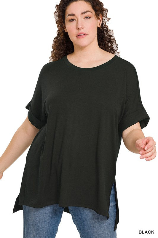 Curvy Rolled Short Sleeve Top with Side Slit and High Low Hem