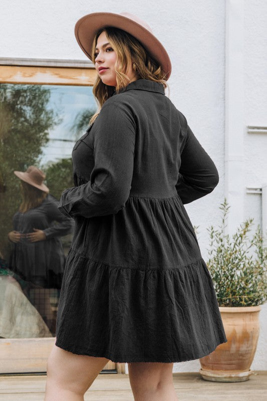 Curvy Washed Empire Waist Mini Dress Featuring Babydoll Tiered Button Down Long Sleeve, Bust Pocket Detail