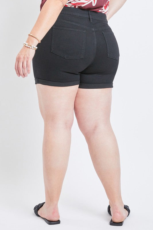 Curvy High Rise Button Fly Exposed Cuff Denim Shorts