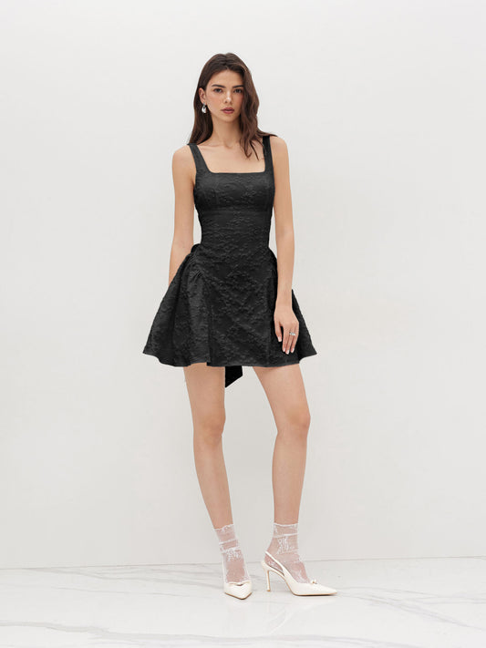 Sleeveless Adjustable Straps Jacquard Fit and Flare Mini Dress with Big Back Bow