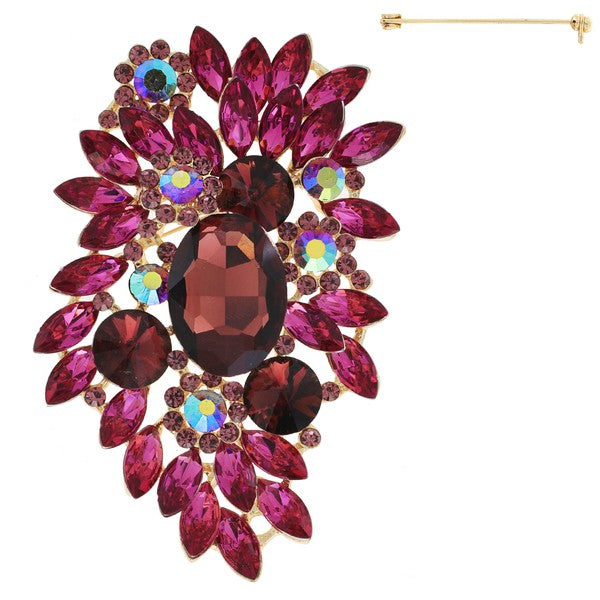 Jeweled Crystal Leaf Cluster Brooch Pin