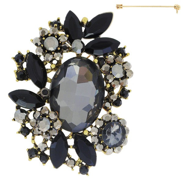 Jeweled Crystal Leaf Cluster Floral Brooch Pin